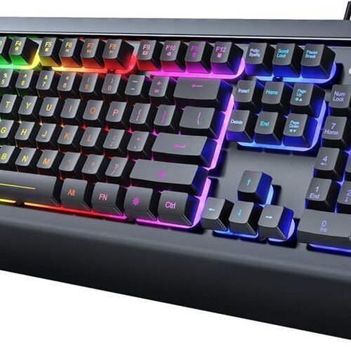 All Metal Panel Gaming Keyboard with Rainbow Backlighting Quiet Keys and Wrist Rest