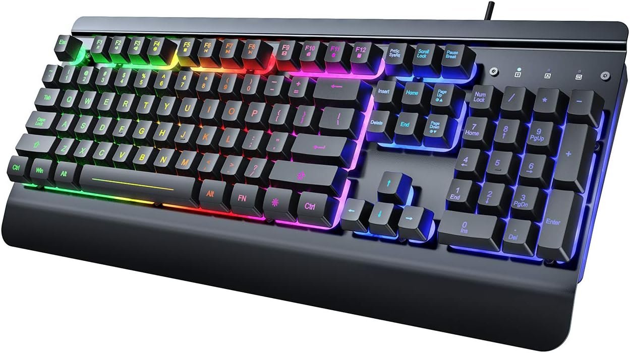 All Metal Panel Gaming Keyboard with Rainbow Backlighting Quiet Keys and Wrist Rest