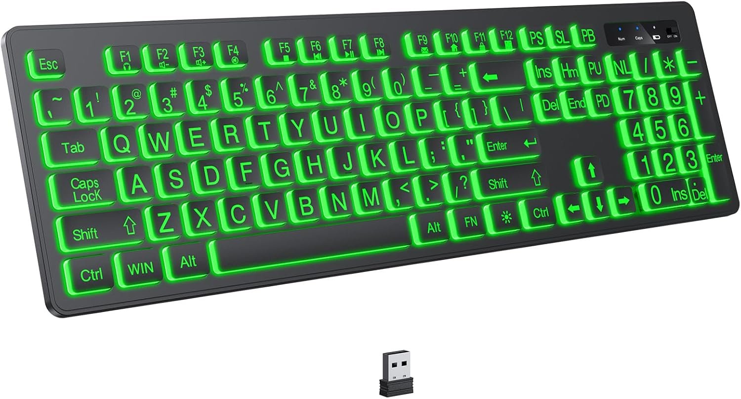 Full Size Wireless Backlit Keyboard with Large Print Keys 2.4G Silent 7 Color Lighting