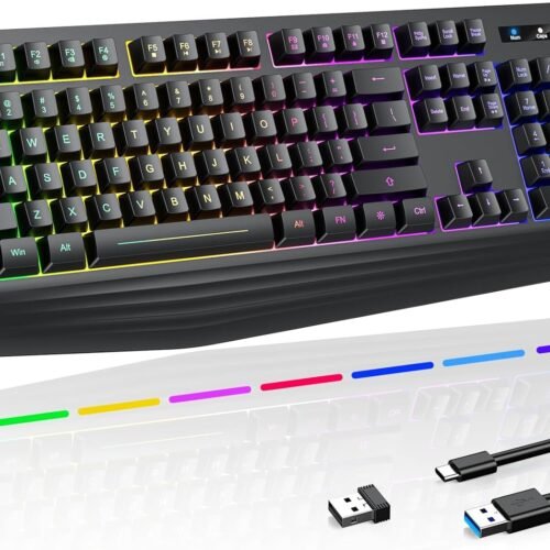 Wireless Gaming Keyboard Full Size Water Resistant Single Color Backlight with Wrist Rest