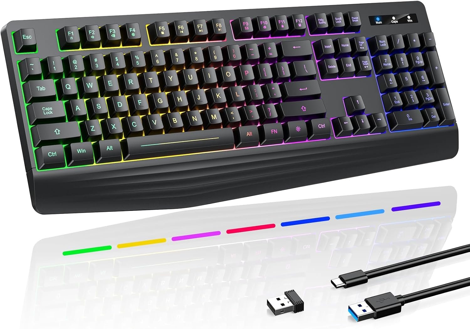 Wireless Gaming Keyboard Full Size Water Resistant Single Color Backlight with Wrist Rest