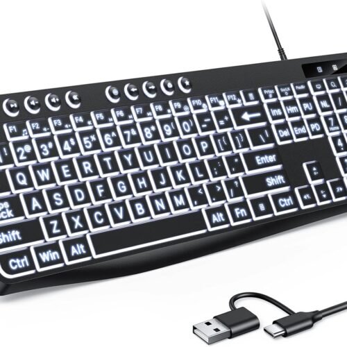 Wired Keyboard with Large Print Keys and Dual Interface Type C USB White Backlight