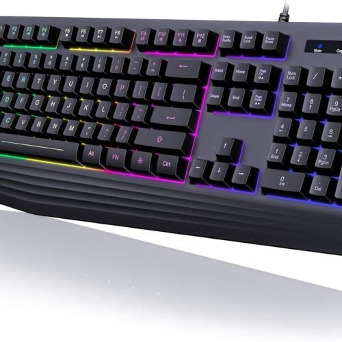 Gaming Keyboard 7 Color Backlight 104 Keys Quiet Operation Wrist Rest Water Resistant